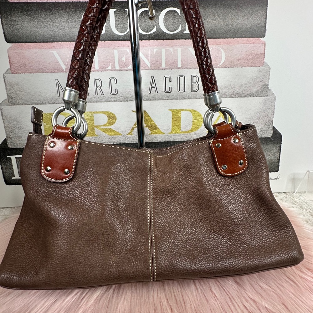 Fossil Dark Brown Leather Shoulder Bag with Braided Handles